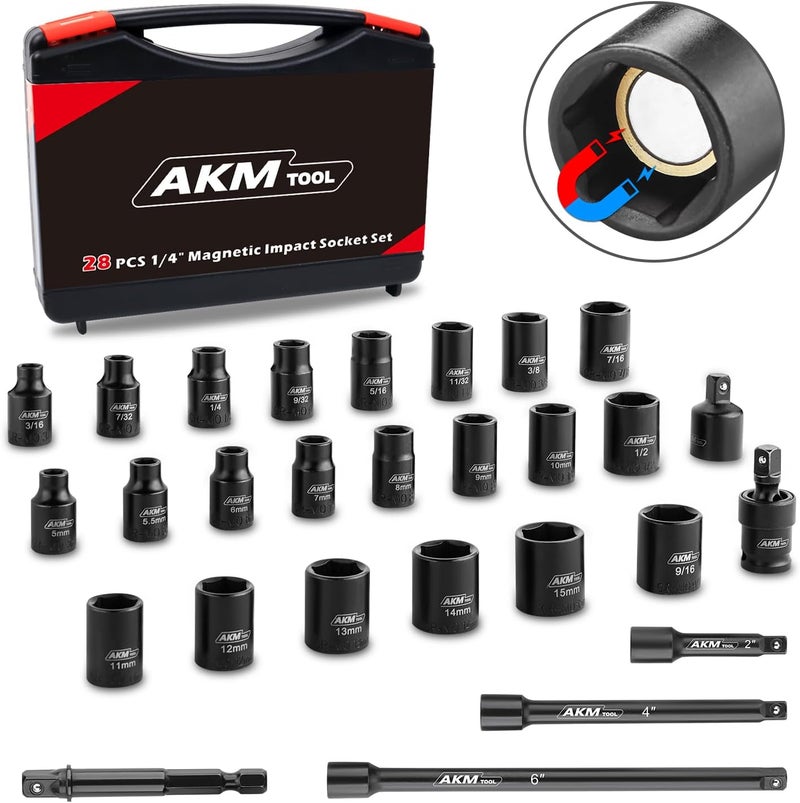 AKM TOOL 1/4 Inch Drive Magnetic Impact Socket Set, 28-Piece SAE/Metric, 1/4 Inch-9/16 Inch, 5mm-15mm, 6 Point, Cr-Mo, Square Drive, with Impact Socket Adapter, Universal Joint & Extension - Image 1